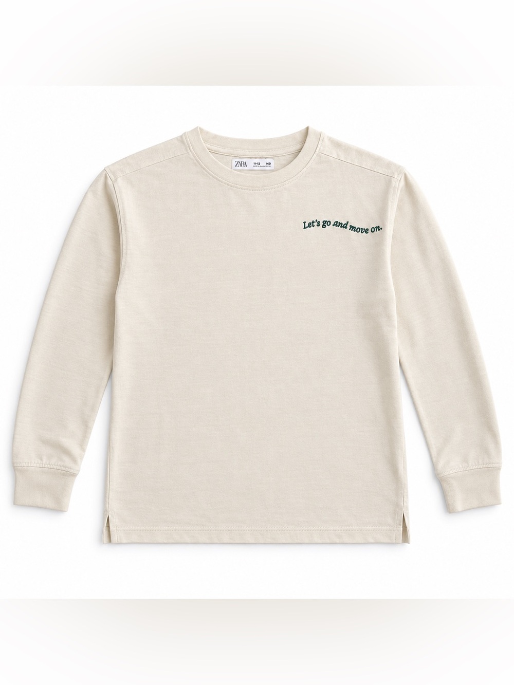 Zara Kids Cream Long-Sleeve Tee with Dark Green Script